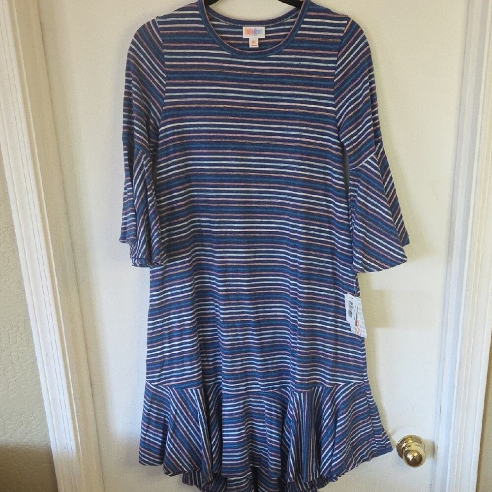 LuLaRoe Blue and White Striped Dress with Flared Sleeves